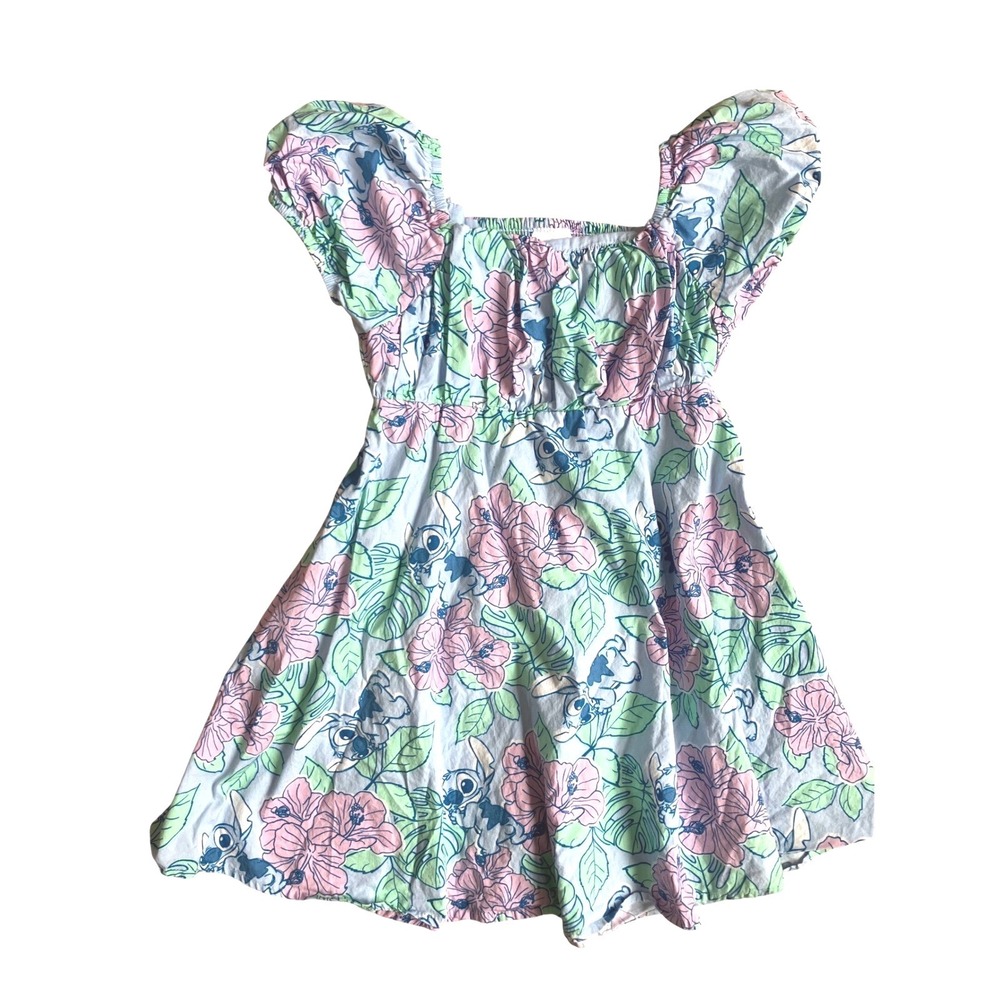 Disney Stitch Girls Blue Floral Tropical Puff Sleeve Dress Size S 6/7‎ Cotton
